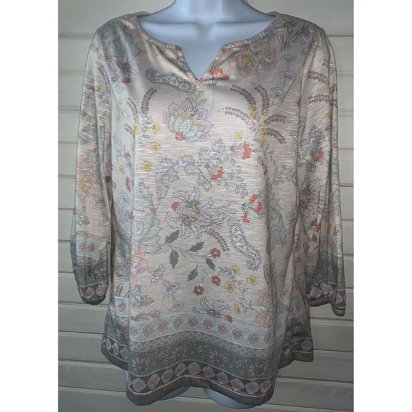 Christopher & Banks Sz Petite MEDIUM PM Floral Border Print Tunic 3/4 Sleeve EUC - Picture 3 of 10